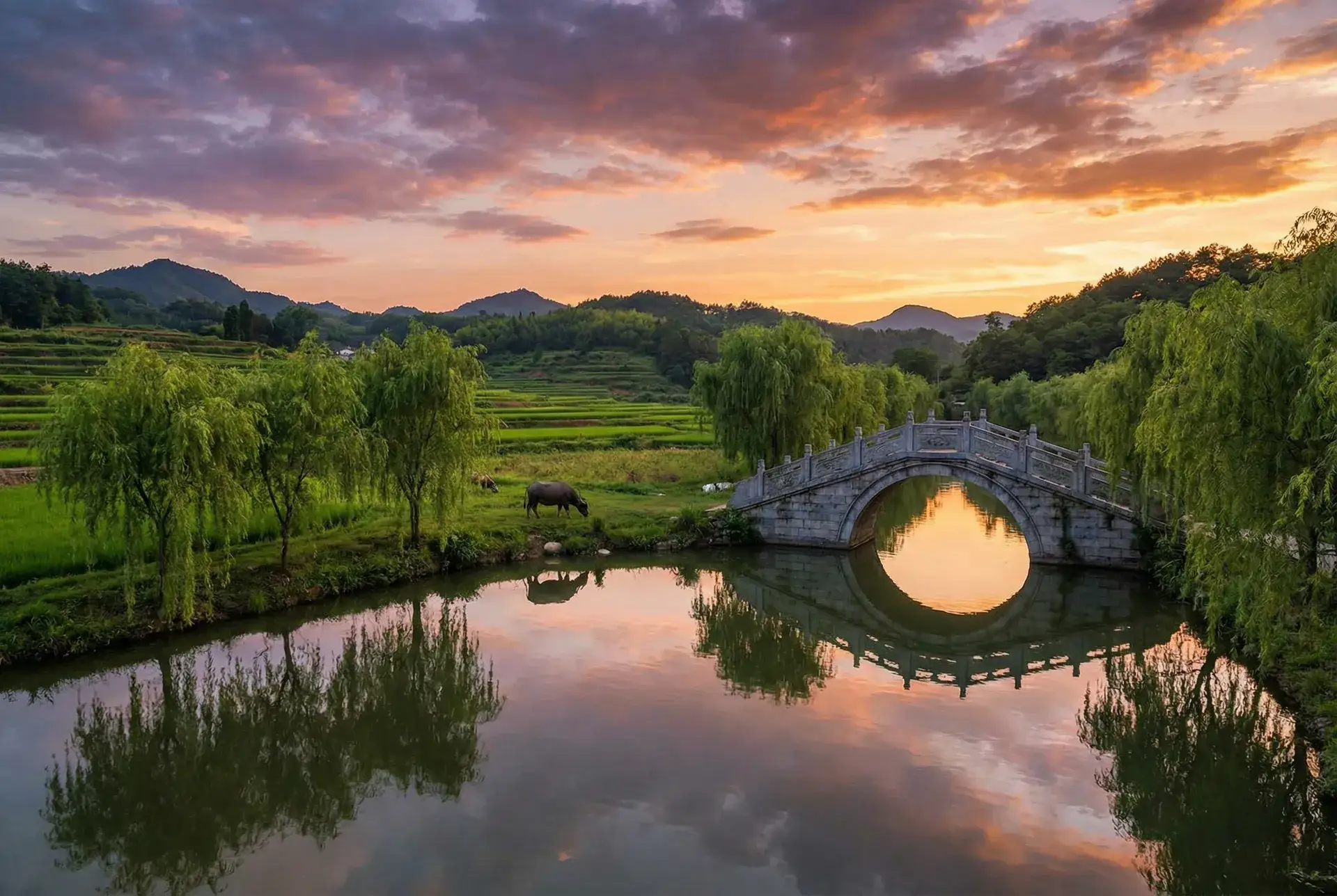 夕阳下的石拱桥与垂柳，水牛在河边吃草 - 打扑克流出来白色的液体 乡村美景